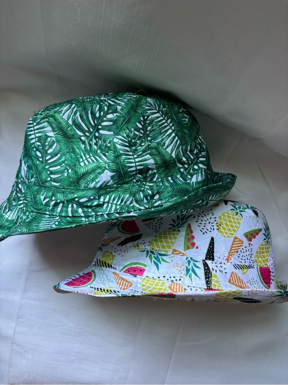 Tropical Leaf & Fruit Print ferdora party Hats - Green & White. Sold as set